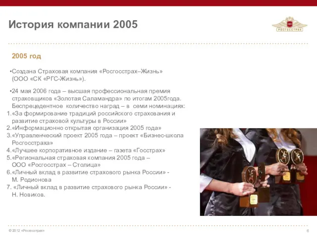 2005 год Создана Страховая компания «Росгосстрах–Жизнь» (ООО «СК «РГС-Жизнь»). 24