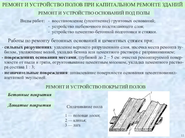 РЕМОНТ И УСТРОЙСТВО ПОЛОВ ПРИ КАПИТАЛЬНОМ РЕМОНТЕ ЗДАНИЙ РЕМОНТ И