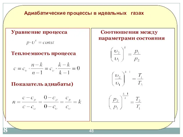 Уравнение процесса Теплоемкость процесса Показатель адиабаты) Соотношения между параметрами состояния Адиабатические процессы в идеальных газах