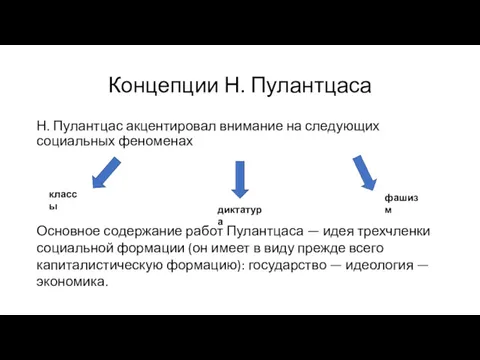 Концепции Н. Пулантцаса Н. Пулантцас акцентировал внимание на следующих социальных