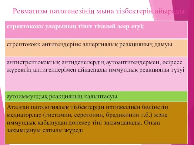 Ревматизм патогенезінің мына тізбектерін айырады: