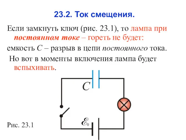 23.2. Ток смещения. Если замкнуть ключ (рис. 23.1), то лампа