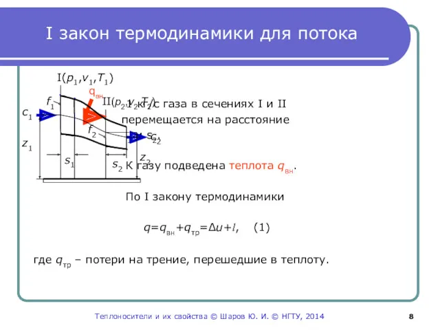 I закон термодинамики для потока 1 кг/с газа в сечениях