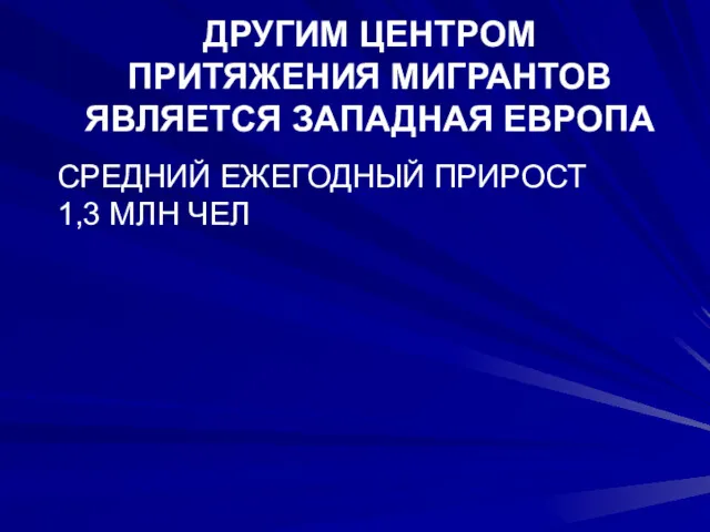 ДРУГИМ ЦЕНТРОМ ПРИТЯЖЕНИЯ МИГРАНТОВ ЯВЛЯЕТСЯ ЗАПАДНАЯ ЕВРОПА СРЕДНИЙ ЕЖЕГОДНЫЙ ПРИРОСТ 1,3 МЛН ЧЕЛ