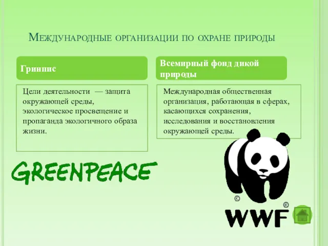 Международные организации по охране природы Цели деятельности — защита окружающей