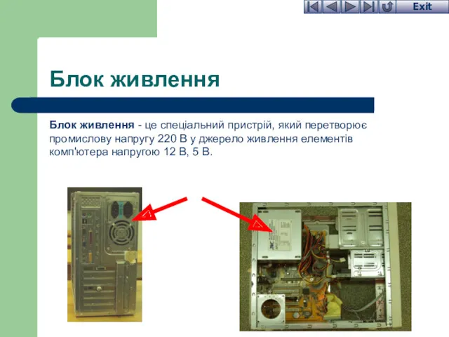 Блок живлення Блок живлення - це спеціальний пристрій, який перетворює