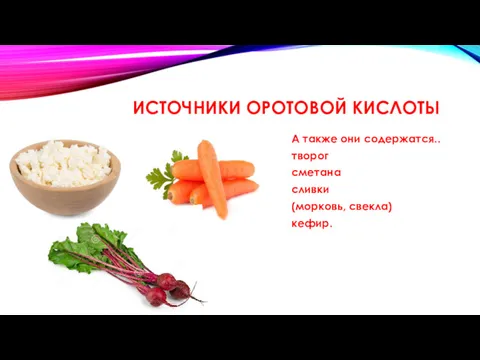 ИСТОЧНИКИ ОРОТОВОЙ КИСЛОТЫ А также они содержатся.. творог сметана сливки (морковь, свекла) кефир.