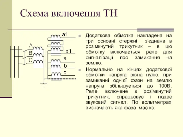 Схема включення ТН Додаткова обмотка накладена на три основні стержні з’єднана в розімкнутий
