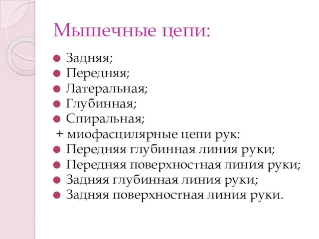 Мышечные цепи: Задняя; Передняя; Латеральная; Глубинная; Спиральная; + миофасцилярные цепи