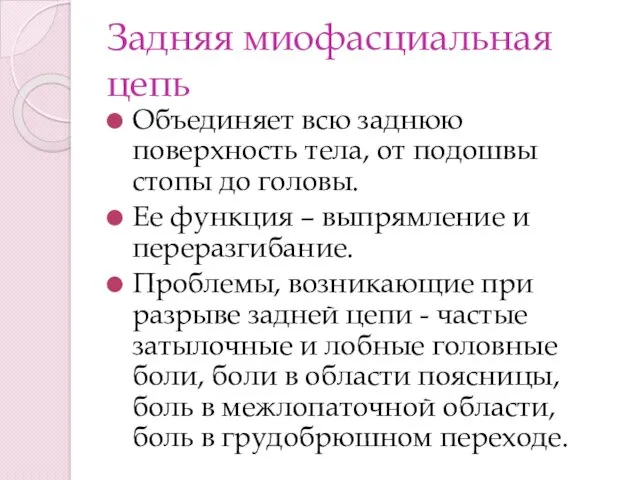 Задняя миофасциальная цепь Объединяет всю заднюю поверхность тела, от подошвы