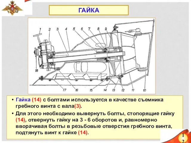 Гайка (14) с болтами используется в качестве съемника гребного винта