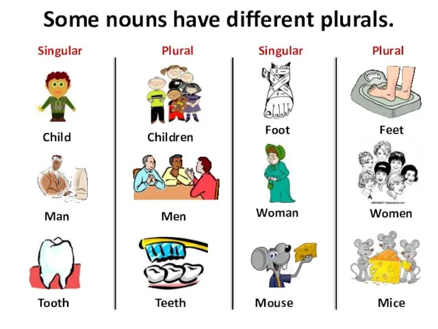 Some nouns have different plurals. Child Man Tooth Children Men