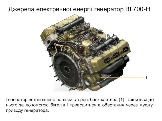 Джерела електричної енергії генератор ВГ700-Н. Генератор встановлено на лівій стороні