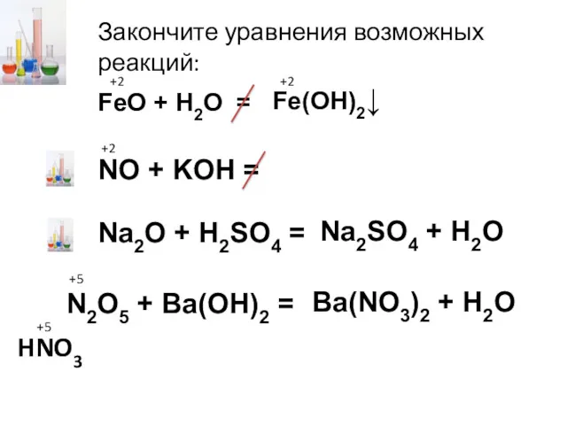 Закончите уравнения возможных реакций: FeO + H2O = +2 Fe(OH)2↓
