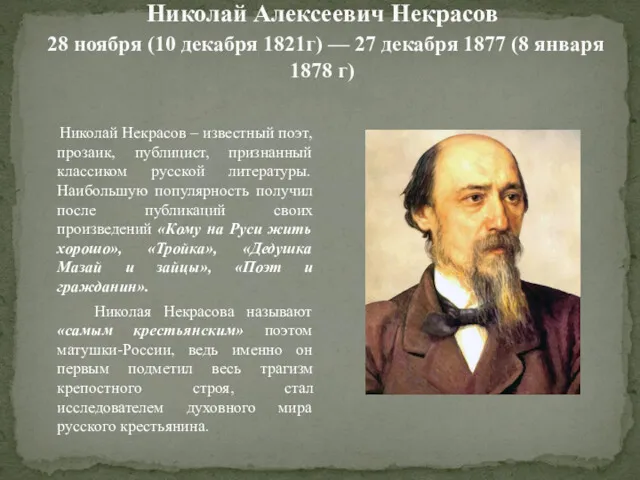 Николай Алексеевич Некрасов 28 ноября (10 декабря 1821г) — 27