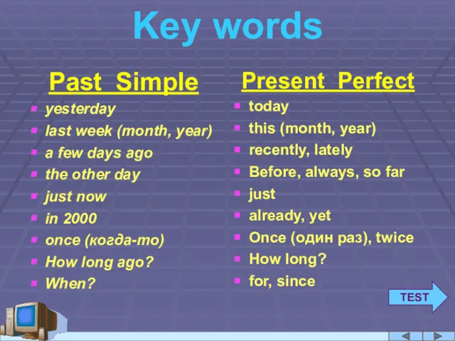 Key words Past Simple yesterday last week (month, year) a