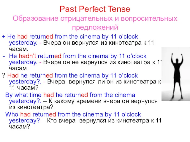 Past Perfect Tense Образование отрицательных и вопросительных предложений + He