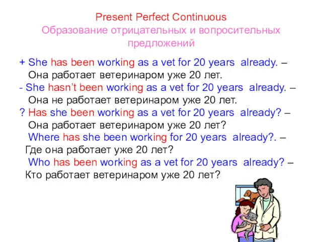 Present Perfect Continuous Образование отрицательных и вопросительных предложений + She