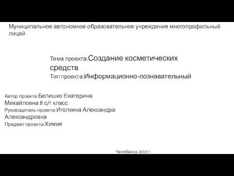 Муниципальное автономное образовательное учреждение многопрофильный лицей Челябинск 2019 г. Тема