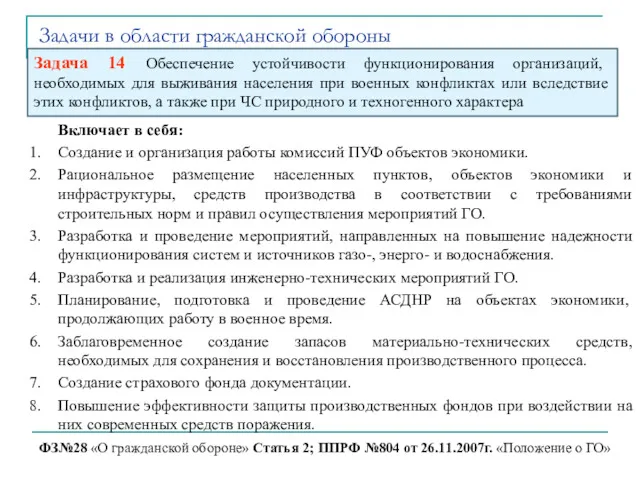 Задачи в области гражданской обороны ФЗ№28 «О гражданской обороне» Статья