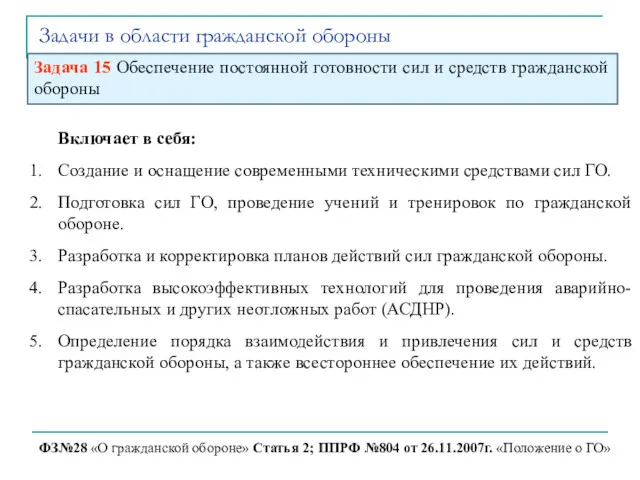 Задачи в области гражданской обороны ФЗ№28 «О гражданской обороне» Статья