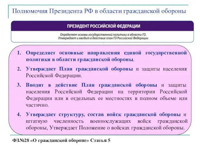 Полномочия Президента РФ в области гражданской обороны ФЗ№28 «О гражданской обороне» Статья 5