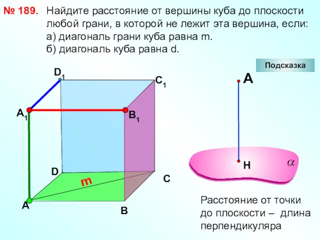 Найдите расстояние от вершины куба до плоскости любой грани, в