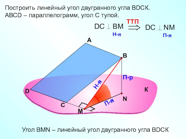 Построить линейный угол двугранного угла ВDСК. АВСD – параллелограмм, угол