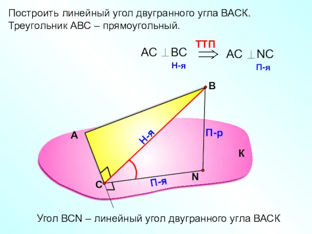 Построить линейный угол двугранного угла ВАСК. Треугольник АВС – прямоугольный.