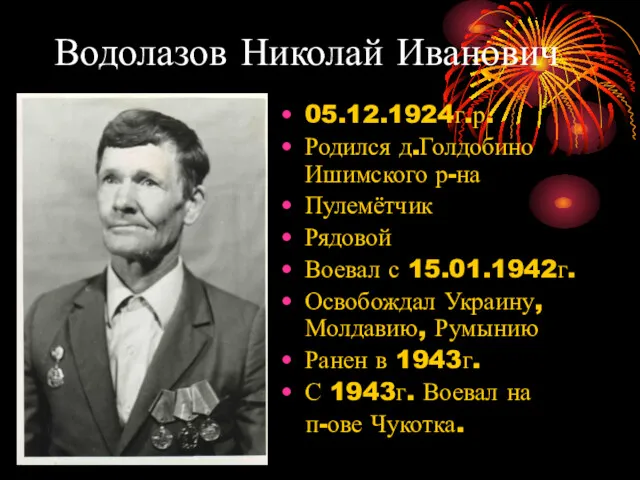 Водолазов Николай Иванович 05.12.1924г.р. Родился д.Голдобино Ишимского р-на Пулемётчик Рядовой Воевал с 15.01.1942г.
