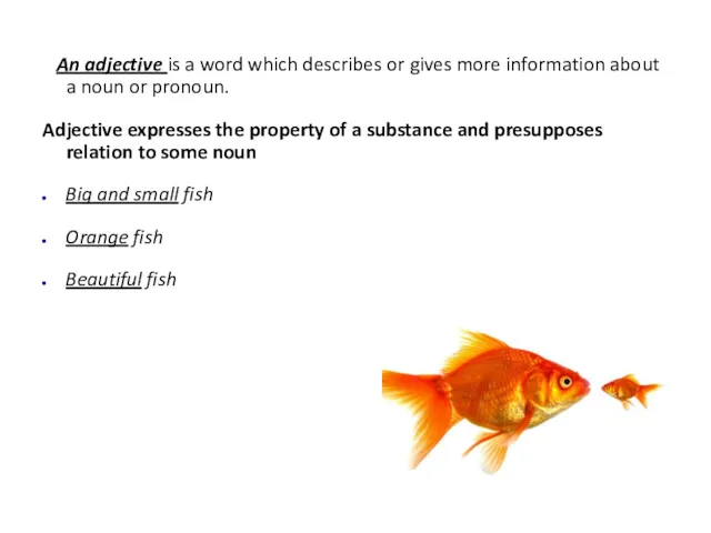 An adjective is a word which describes or gives more information about a