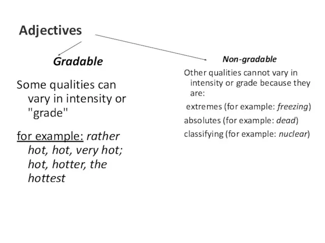 Adjectives Gradable Some qualities can vary in intensity or "grade" for example: rather