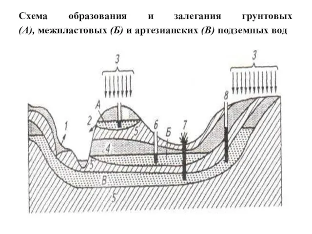 Схема образования и залегания грунтовых (А), межпластовых (Б) и артезианских (В) подземных вод