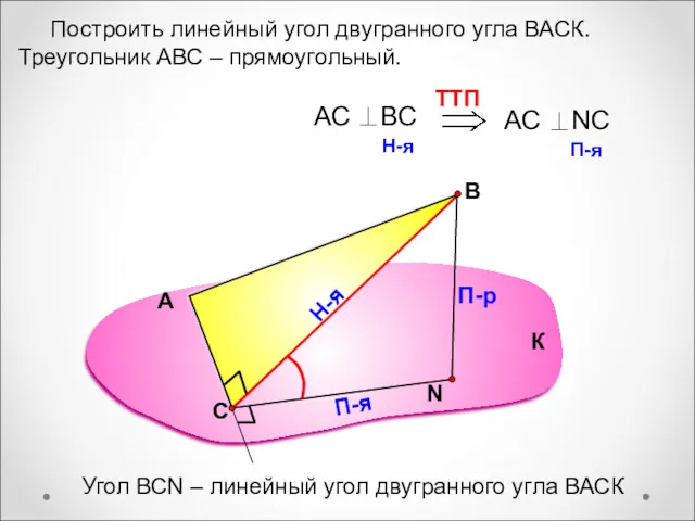 Построить линейный угол двугранного угла ВАСК. Треугольник АВС – прямоугольный.