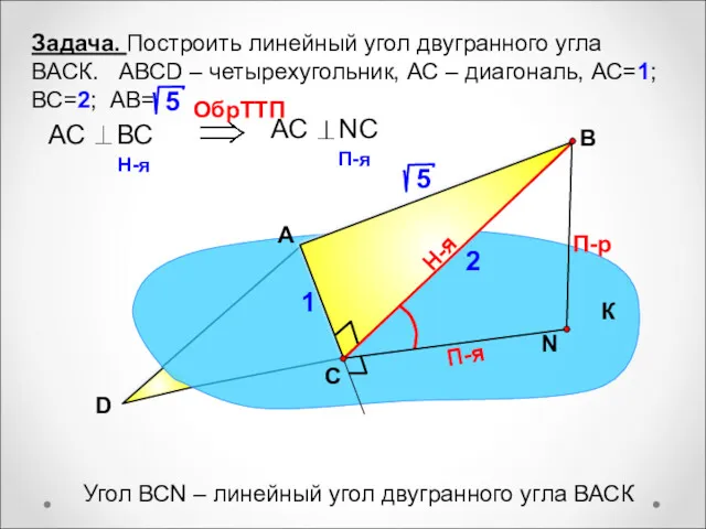 Задача. Построить линейный угол двугранного угла ВАСК. АВСD – четырехугольник,