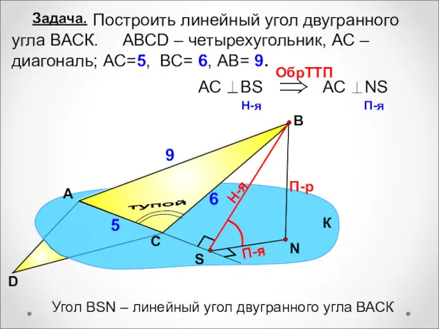 Построить линейный угол двугранного угла ВАСК. АВСD – четырехугольник, АС