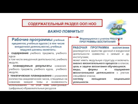 СОДЕРЖАТЕЛЬНЫЙ РАЗДЕЛ ООП НОО ВАЖНО ПОМНИТЬ!!! Формируются с учетом РАБОЧЕЙ