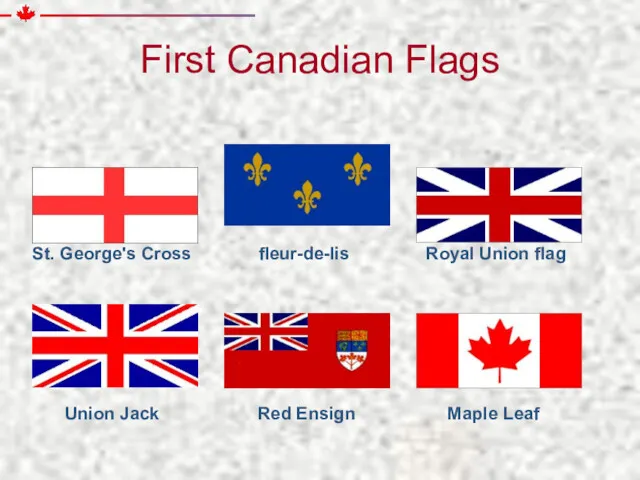 Union Jack Red Ensign Maple Leaf Royal Union flag fleur-de-lis St. George's Cross First Canadian Flags