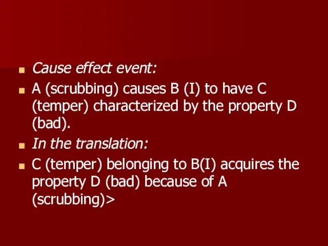 Cause effect event: A (scrubbing) causes B (I) to have