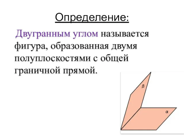 Определение: Двугранным углом называется фигура, образованная двумя полуплоскостями с общей граничной прямой.