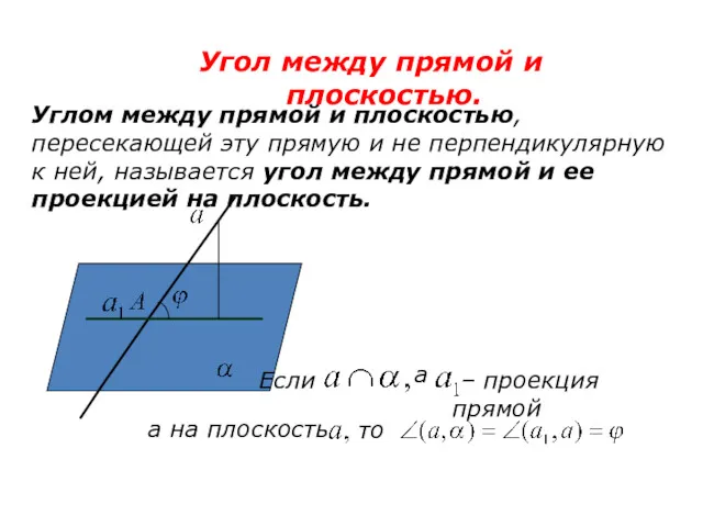 Угол между прямой и плоскостью. Углом между прямой и плоскостью,