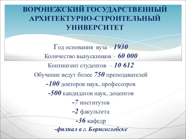 Год основания вуза – 1930 Количество выпускников – 60 000