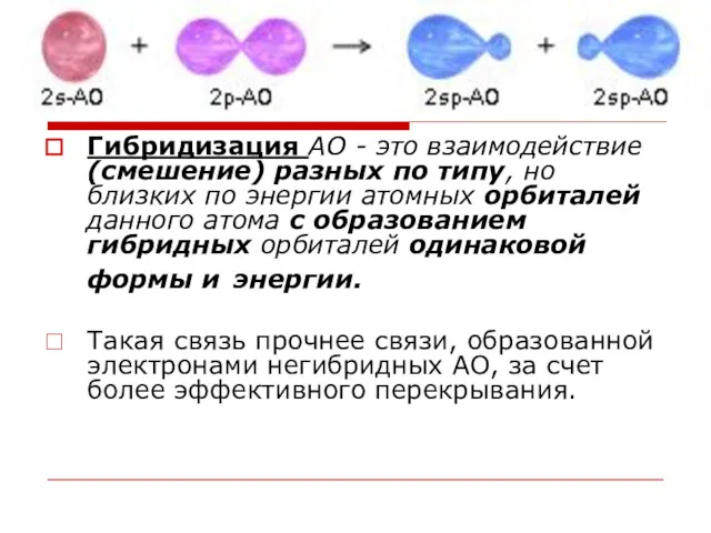 Гибридизация АО - это взаимодействие (смешение) разных по типу, но