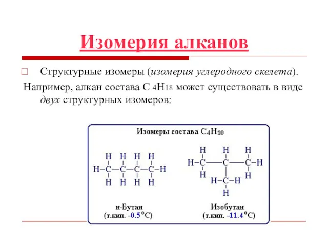 Изомерия алканов Структурные изомеры (изомерия углеродного скелета). Например, алкан состава