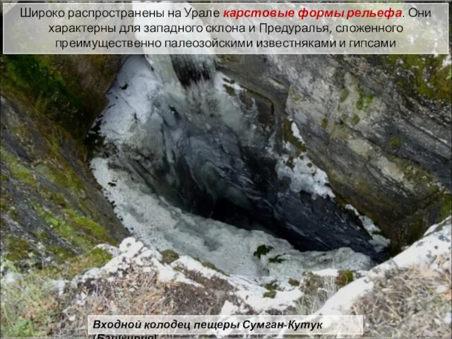 Входной колодец пещеры Сумган-Кутук (Башкирия) Широко распространены на Урале карстовые