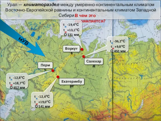 Урал — климатораздел между умеренно-континентальным климатом Восточно-Европейской равнины и континентальным