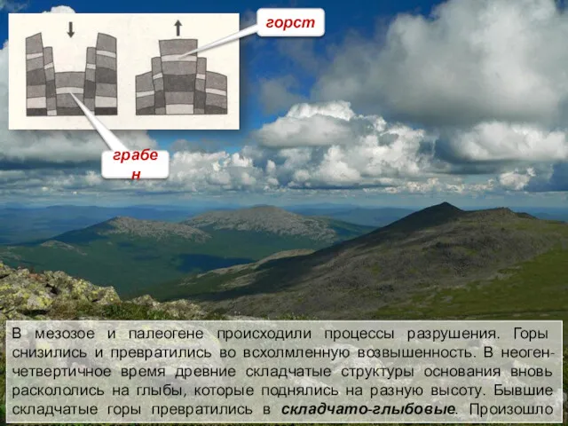В мезозое и палеогене происходили процессы разрушения. Горы снизились и