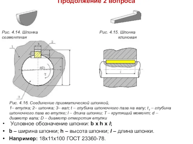 Продолжение 2 вопроса Условное обозначение шпонки: b х h х