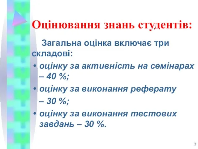 Оцінювання знань студентів: Загальна оцінка включає три складові: оцінку за