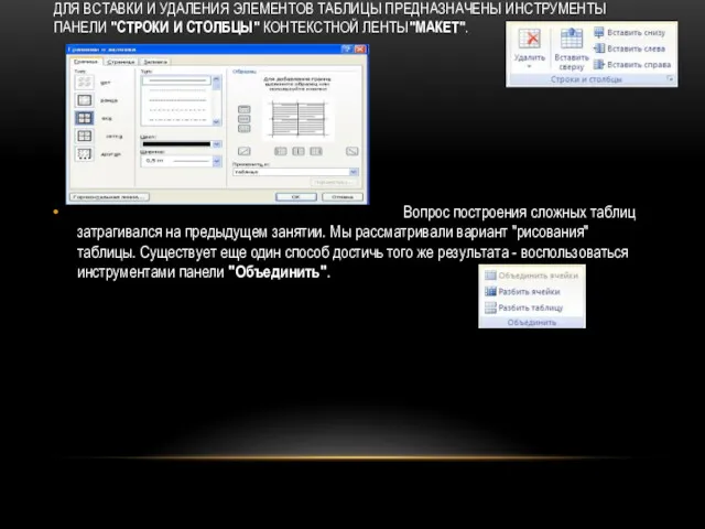 ДЛЯ ВСТАВКИ И УДАЛЕНИЯ ЭЛЕМЕНТОВ ТАБЛИЦЫ ПРЕДНАЗНАЧЕНЫ ИНСТРУМЕНТЫ ПАНЕЛИ "СТРОКИ